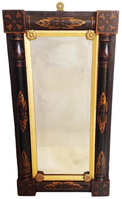 Federal Decorated Mirror A Beveled Mirrored Glass That Is Surrounded By Gold Trim With Fancy Rosettes In Original Black Paint Stenciled Decoration